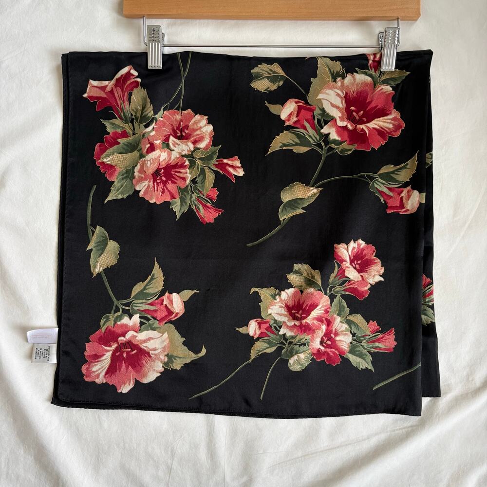 Vintage Talbots 100% Silk Floral Square Scarf Black Pink